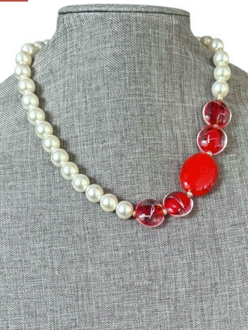 Unique Faux Pearl Red Glass Bead Statement 18”Necklace Romantic Choker